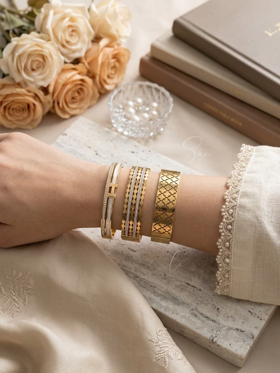 High-Grade Stainless Steel Gold-Plated Stacking Bangles – Geometric & Pavé Collection